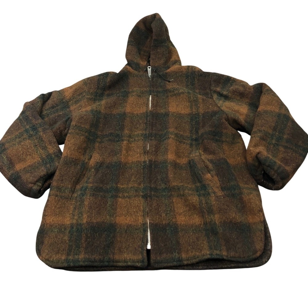 Fox Knapp Wool Plaid Jacket Mens L Brown‎ Hooded Full Zip Vintage Sportswear